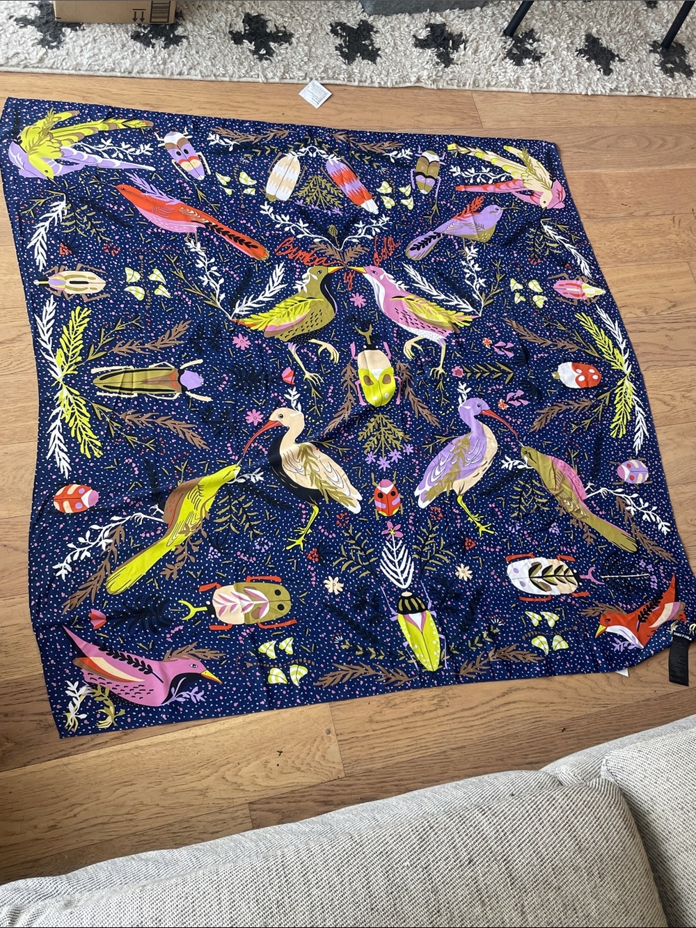 Navy Multicolor Bird Motif Square Scarf